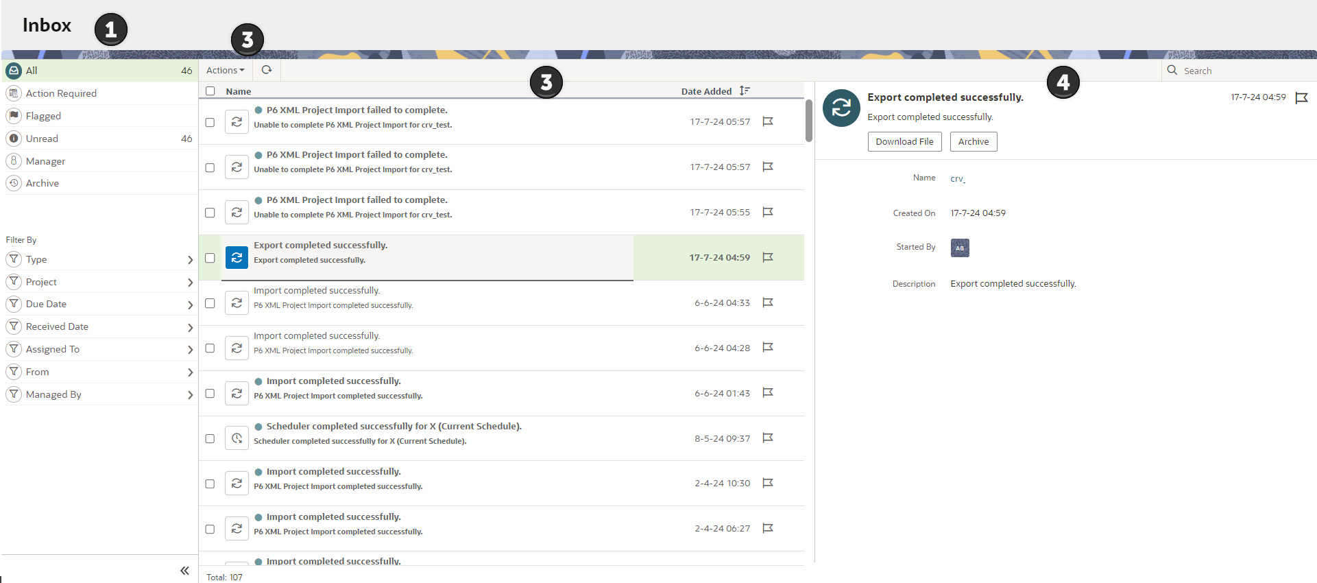 The inbox feature in the application. Labeled elements are described in the corresponding table of screen highlights.